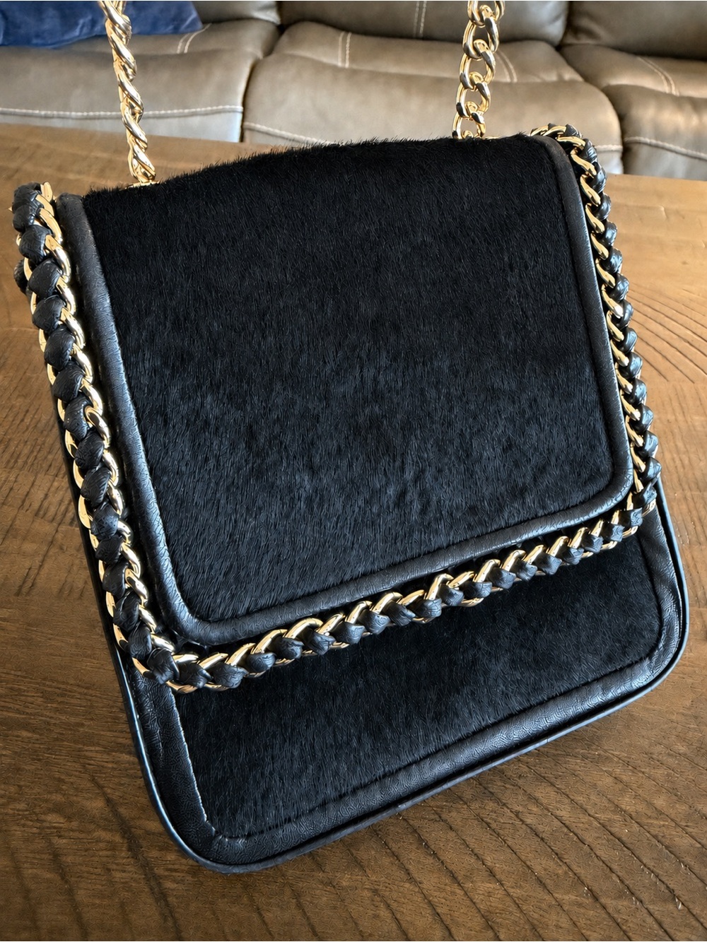 Henri Bendel Black Haircalf Chain Crossbody Shoulder Bag